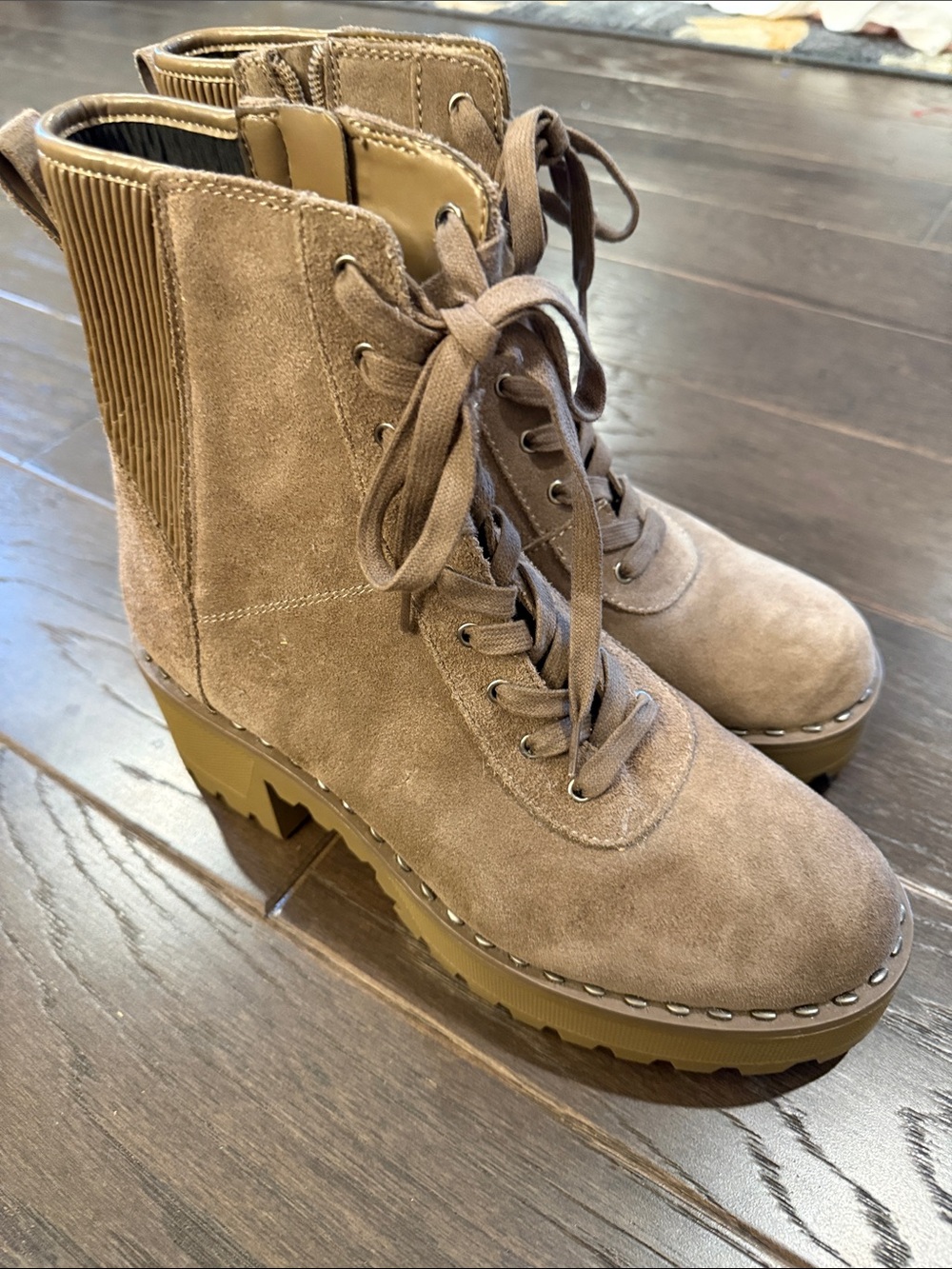 Vince Camuto Taupe Suede Lace-Up Platform Combat Boots